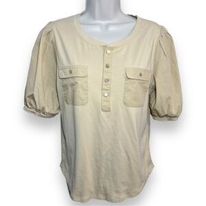 Lauren Ralph Lauren Cotton Puff-Sleeve Henley Top Tan Size Large